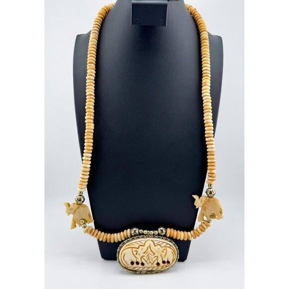 Carved Elephant Pendant Necklace Tribal Ethnic Organic Bead Brass Tone Statement - Picture 6 of 11